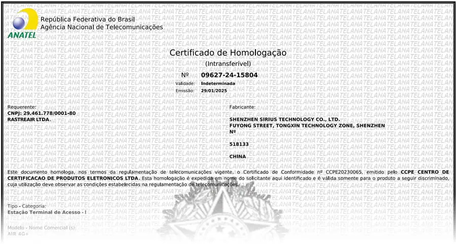 RastreAIR 4G+ certificado e homologado pela Anatel.