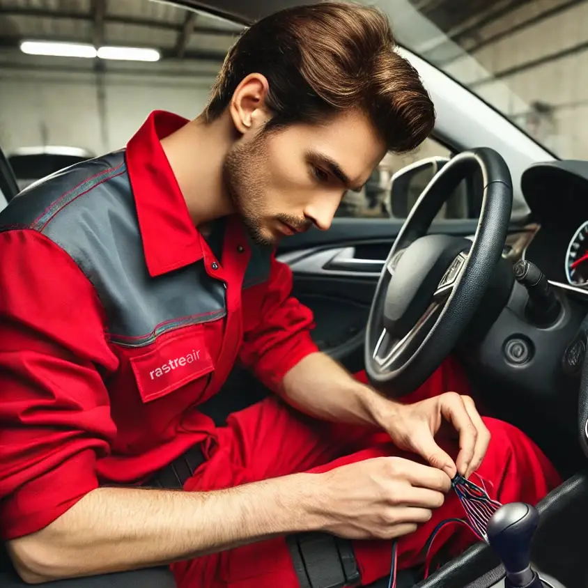 Técnico instalando um rastreador veicular no painel aberto do carro.