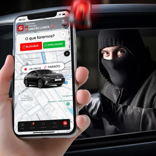 Carro sendo roubado, com bandido no volante, enquanto o rastreador RastreAIR 4G+ permite bloqueio remoto do veículo via aplicativo.
