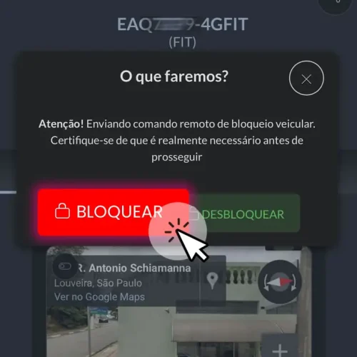 magens da interface do aplicativo, mostrando o processo de bloqueio e desbloqueio remoto do seu veículo com facilidade e segurança.